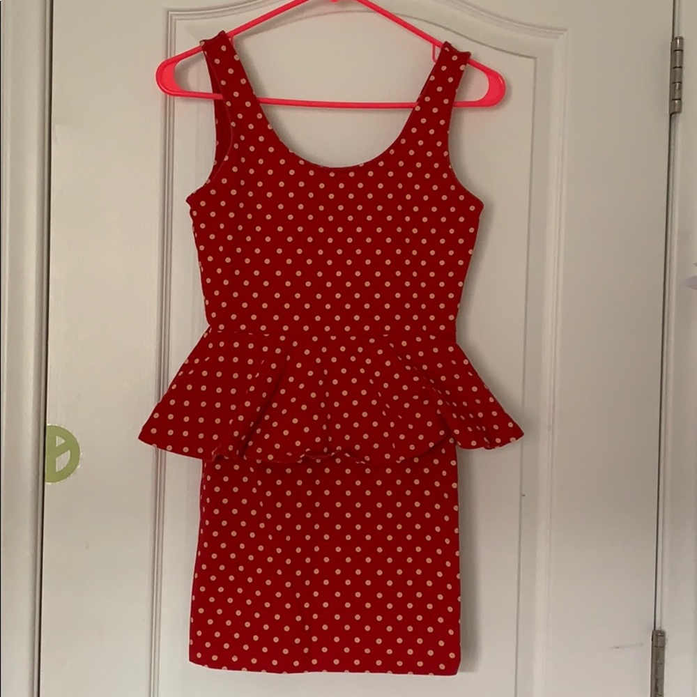 Red peplum style polka dot dress ♥️